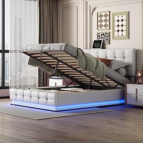 FEZTOY Doppelbett Polsterbett LED mit hydraulischem Stauraum, Metalllattenrost,Bezug aus Kunstleder,Stauraumbett,Jugendbett, ohne Matratze,140x200