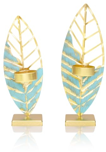 Toptime Teelichthalter 2er Set, Metall Kerzenständer Gold für Tischdeko, Romantischer Kerzenhalter mit Blattform, Kerzenleuchter in Verschiedenen Größen, Windlicht für Wohnzimmer Deko Modern