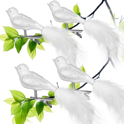 UNOLIGA Christbaumschmuck Vögel Glas, 4pcs Weihnachtsbaum Deko Weiß Vogel mit Federn, Niedlich Weihnachtsbaumschmuck Künstliche Glas Vögel mit Clip (2023 Verbesserte Version)