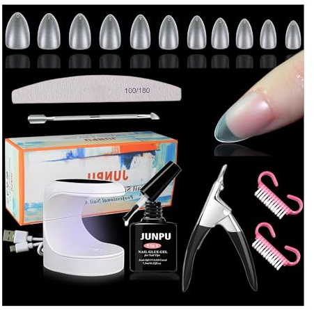 Kit Pose Americaine Ongles, 510 Pièces Capsule Americaine Ongle Amande avec Colle Faux Ongles, Kit Capsule Americaine Ongle avec Mini Lampe Uv Ongles Gel,Pose Americaine Ongle Kit Complet