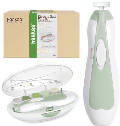 haakaa Baby Nail Trimmer Electric Safe Baby Nail Clippers Baby Nail File Kit, Trim Polish Grooming kit for Newborn Toddler or Adults Toes Fingernails, 6 Grinding Heads and LED Light, Meadow