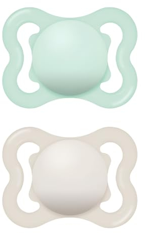 MAM Air Schnuller 2-6 Monate (2er-Set), MAM Schnuller 2-6 Monate für empfindliche und empfindliche Haut, 2-teiliges Set mit Naturkautschuk-Sauger und Sterilisator-Schnullerhalter, Grün/Neutral