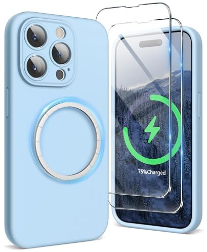 SURPHY Magnetic Case for iPhone 15 Pro Case with Screen Protector, Liquid Silicone Anti-Scratch Compatible with MagSafe Gel Rubber Phone Case for iPhone 15 Pro 6.1 inch (Light Blue)