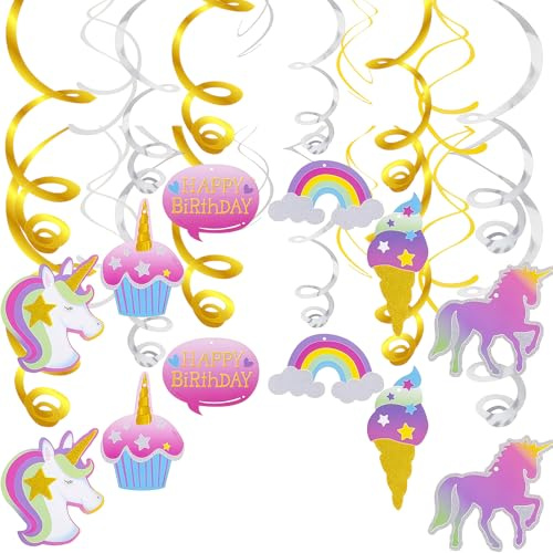 12 Rollen Einhorn Geburtstag Party hängende Wirbel Dekorationen Regenbogen Einhorn hängende Wirbel Deckendekorationen glänzende Folie Wirbel für Babyparty, Einhorn Mädchen Geburtstag Mottoparty