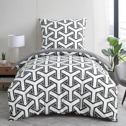 Aisbo Bettwäsche 155x220 Bettdeckenbezug - Bettwäsche Set 155 x 220 cm Geometrisch Grau Muster mit Kissenbezug 80x80 cm, Mikrofaser Bettbezug mit Reißverschluss, Bügelfrei und Weich