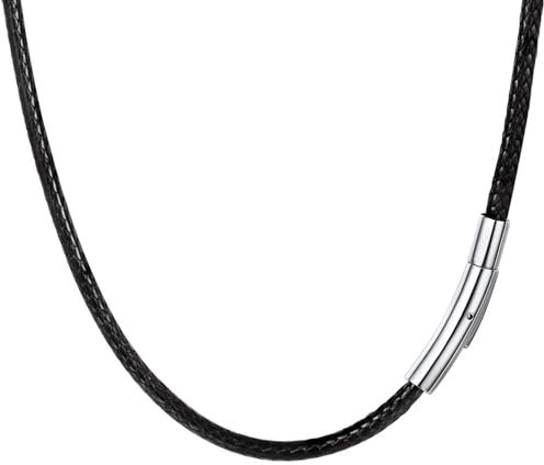 QKEOISUD Leather Necklace Braided Rope Chain with Stainless Steel Clasp,Fashionable Men's and Women's Waterproof Black Rope Chain