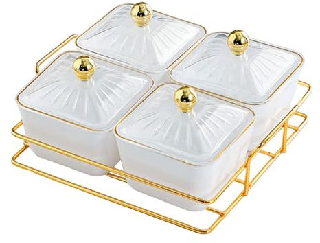 Milageto Ensemble d'assiettes de service pour collations aux fruits secs, assiettes d'apéritif, boîte de rangement pour aliments, bocal à bonbons couvert, Blanc