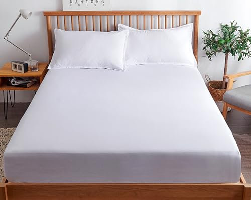 Epinki Betttuch 90x190cm Verstaubar, Spannbettlaken Wasserbett Einfarbig Weiß Faltenresistent und Ausbleichen, Baumwolle Tagesdecken Unterbett als Schutz für Boxspringbett & Topper