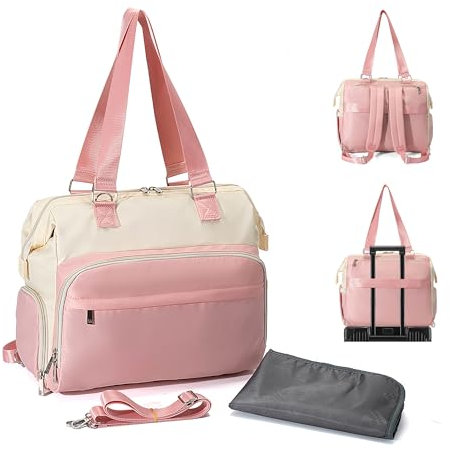Fexkean Baby Wickeltasche Rucksack Handtasche mit wasserdicher Wickelunterlage,Verstellbare Schultergurt multifunktionale Umhängetasche Reisetasche für Unterwegs(Pink&Beige)