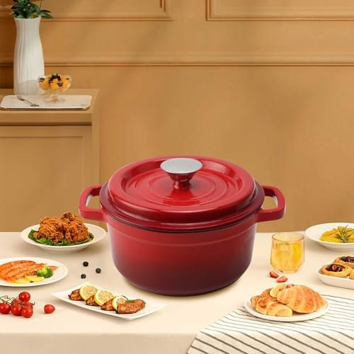 Enameled Cast Iron Dutch Oven Pot With Lid And Dual Handle,Heavy-Duty Enamel Coating Elliptical Cookware Crock-Pot Stock Pot For Induction, Electric, Grill, Stovetop, Bread Baking Red