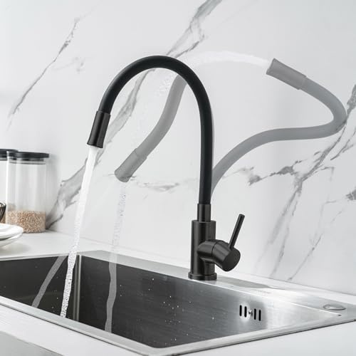 LakeBayMZC Grifo de Cocina Flexible Con 2 Modos, Grifo Mezclador de Cocina Giratorio 360°, Acero Inoxidable Cepillado y Manguera de Silicona Segura,Negro