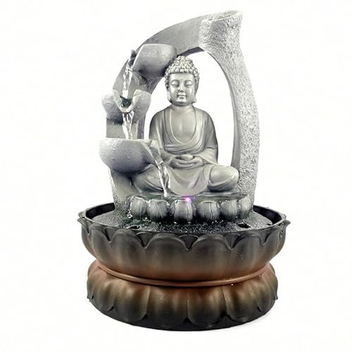 Zen Zimmerbrunnen mit Buddha Statue, LED Licht und Wasserfall-Effekt, Tischbrunnen aus Kunstharz für Meditation, Entspannung, Feng Shui, Glücksbringer, Höhe 28 cm