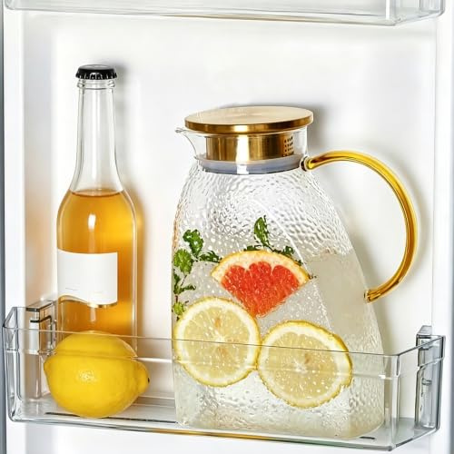 Glaskaraffe mit Deckel 1,8L Wasserkaraffe, Glaskrug Heiße Kalte Getränke | Borosilikatglas -10°C bis 110°C, 304 Edelstahldeckel, 9cm Kühlschranktür, 2-Wege Filter, Spülmaschinenfest