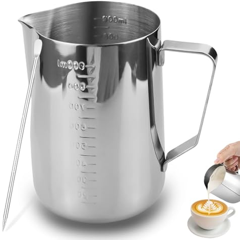 ​ISHEWUDU 900ml/30oz Coffee Milk Frother Jug, Stainless Steel Metal Milk Frothing Jug with Measurement Mark & Latte Art Pen, Milk Jug for Coffee Machine