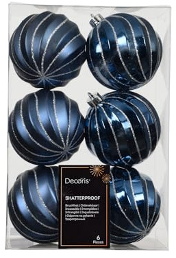 Kaemingk Weihnachtskugeln Kunststoff 8cm geriffelt 6 Stück - klassisch & bruchsicher - Christbaumkugeln Weihnachtsbaumkugeln für Weihnachten Christbaumschmuck & Weihnachtsbaumschmuck - Nachtblau