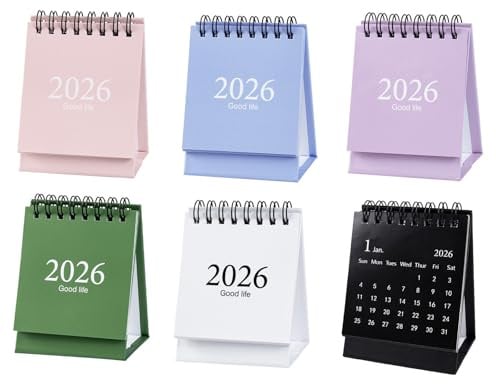 PIWOSGOL 6 Stück Mini Tischkalender 2026, Kalender 2026 zum Hinstellen, Stehkalender, Schreibtischkalender mit Aufklebern, Calendar 2026 für Schule Büro Zuhause