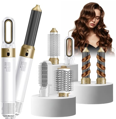 6 in 1 Hairstyler, Ionen Föhn, 1000W Multifunktionaler Hairstyler, Lockenstab Automatisch, Keramiktechnologie, Professioneller Warmluftbürste, Locken und Glätten (Weiß)