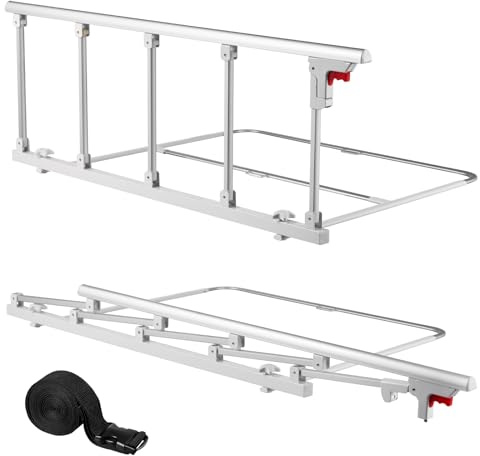 VEVOR Foldable Bed Rail for Elderly, 122 cm Bedside Assist Rail with Fixing Strap, Adjustable Height Pipe Bedside Cane, High-Strength Metal Senior Bed Bar, Hand Guard Grab Fits King, Queen, Full, Twin