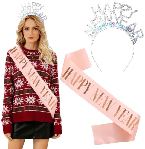 OIXEYA Accessoires Fête Nouvel An 2026 Bandeaux Cheveux Pailletés Adulte Enfant Avec Or rose Bandoulière, Guirlande Brillante, serre-tête chiffres HAPPY NEW YEAR soirée déguisée