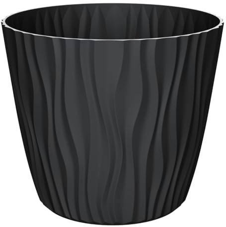 Engelland - 1 x Blumentopf mit Bewässerungssystem, Schwarz, Ø 39 cm, Pflanzkübel, Übertopf, 3D-Wellenmuster, Innen- & Außenbereich, Drainagesystem & Wasserspeicher, rund, Kunststoff