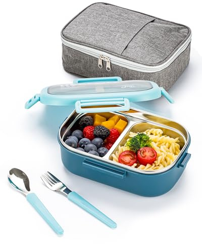 Lille Home Edelstahl Bento-Lunchbox, Auslaufsicher, 2 Fächer | 850 ml, BPA-Frei, Salatbox to Go Mahlzeiten Mit Fächern Brotzeitbox Mit Besteck Lunchtasche Jausenbox