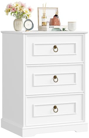 FOREHILL Nachttisch weiß Nachtschrank mit 3 Schubladen im Landhausstil | Nachtkästchen Vintage, Nachtkommode für Boxspringbett, Beistelltisch für Schlafzimmer, Wohnzimmer, 45,5 x 38 x 64 cm