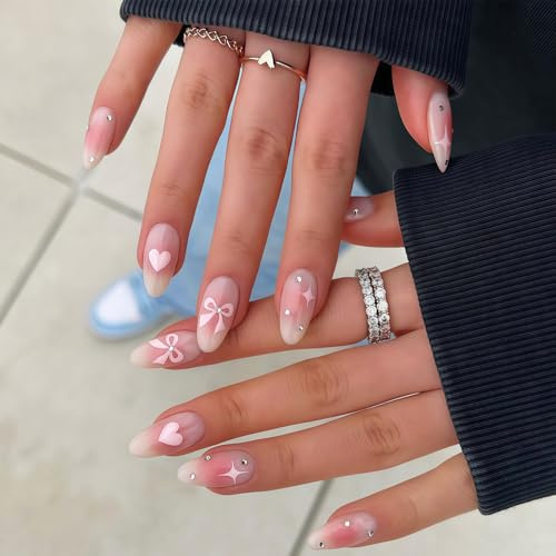 Virellay Mandel Fake Nails, Künstliche Fingernägel, Press On Nails Almond (Heart Bow Ombre Pink, 24 Pcs)