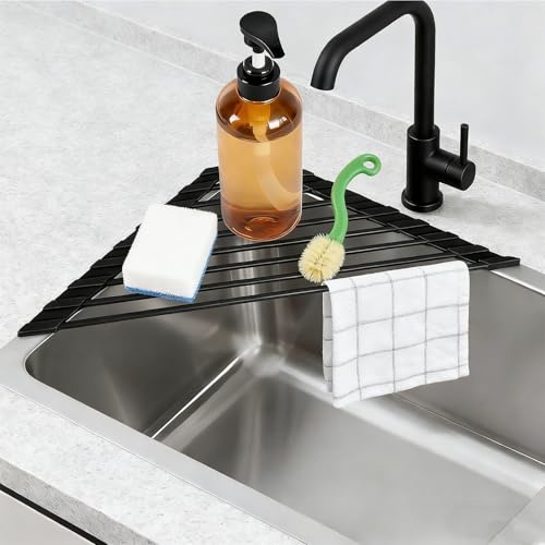 Luckwaii Escurridor de platos triangular compacto recubierto de silicona para esquina de fregadero