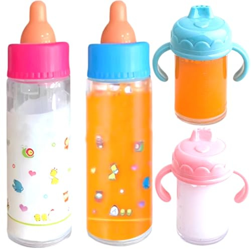 Cndiyald Baby Doll Bottles Set 6PCS Magic Disappearing Milk Juice Simulation, Pretend Play Accessories for Kids
