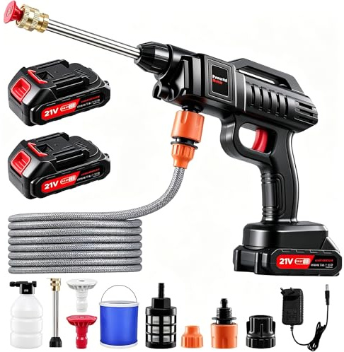 Lightasea Akku Hochdruckreiniger,3-in-1-Multifunktionsdüse,21V,1500w,60bar,Tragbarer Hochdruckreiniger,Mobiler Hochdruckreinigers mit 2 Düsen,2 Batterien,5 m Schlauch(Mit Eimer)