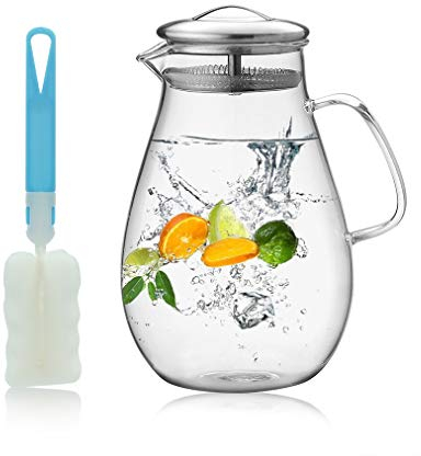 H-Risen Wasserkanne aus Glas mit Deckel und Ausguss, hitzebeständig, geeignet für heiße und kalte Getränke, 1.500 ml 1900 ml farblos