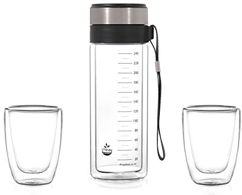 Matcha-Shaker MATCHAquick: Teeflasche aus Glas für die schnelle Matcha Tee Zubereitung ohne Besen. Thermoflasche für Daheim oder im Büro inkl. 2 Teegläser.