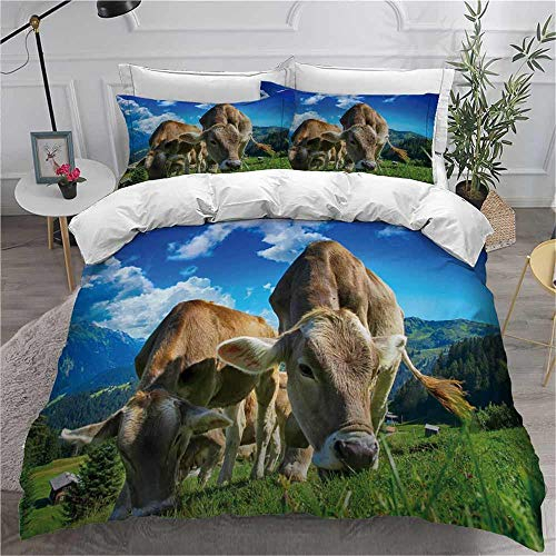 MENGBB 3D Bettbezug Bettwäsche Set Berge Grün Kühe Tiere, 135x200cm Gesamt 4 Größen, Bettwäsche-Set mit Reißverschluss, Bettbezug + 2 x Kissenbezügen 80x80cm, Mikrofaser Super Weiche Hypoallergenic Be