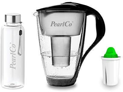 perlopur® Glas-Wasserfilter (schwarz) +1 Kart. Alkaline +Glas-Trinkfl. | Borosilikatglas, 2 l gesamt, 1 l gefiltert, LED-Anzeige, für classic Kartuschen, hebt den pH-Wert an, für basisches Wasser