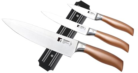 Bergner Copper Set de 3 Cuchillos en acero inoxidable + Soporte magnético de pared