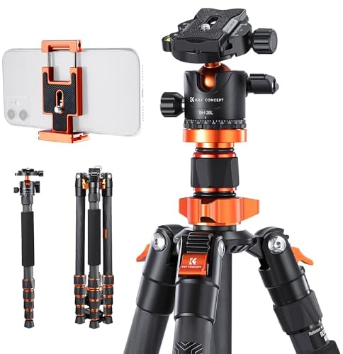 K&F Concept 172cm Carbon Stativ, D255C4(SA255C1) Kompaktes Kamera Handy Stativ, Leichtes Tripod mit Einbeinstativ-Funktion, 1/4”Gewinde Reisestativ mit 360° Kugelkopf für Spiegelreflexkamera