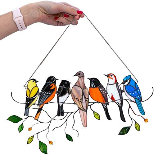 AYEMOY Glasmalerei Vogel,glasvögel Ornamente Hängen,buntglas Fensterbild,fensterdeko Eule Hängend,vÖgel Glasmalerei Fensterscheide Mit Kette (7 Birds)