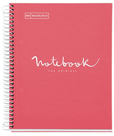 Miquelrius - Notizbuch A5 Notebook, 1 farbiger Streifen, 80 Blatt mit raster 5 x 5 mm, Papier 90 g/m² mikroperforiert mit 2 Bohrungen für 2 Ringe, Einband aus Karton, Farbe Koralle