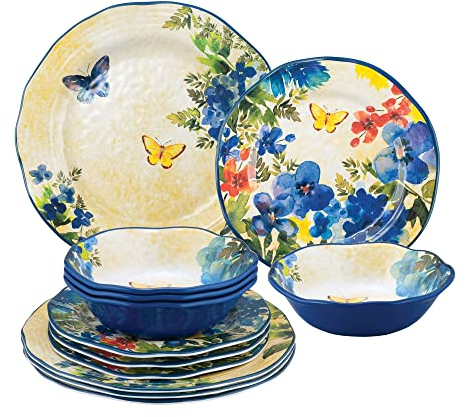 UPware 12 Piece Butterfly Floral Melamine Dinnerware Sets, Outdoor Dishes Set, Plates and Bowls Sets, Service for 4, Multicolor