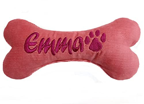 Hundespielzeug Hundeknochen Rosa Hunde Geschenk Spielzeug Knochen in 3 Größen mit Quietscher oder Rassel bestickt
