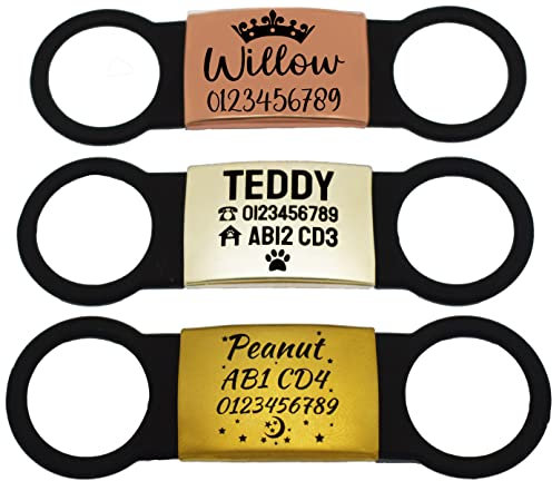 Slide ON Collar Stainless Steel with Elastic Silicone Engraving Rectangle ID Name Band DISC Personalised PET Dog CAT TAG Different Font Tags ((S-(Max 1.8cm Collar Width), Gold with Black Silicone)