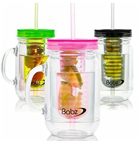 Plastic Fruit Infusion Mason Jars with Reusable Drinking Straw - 500ml Capacity - 3PC Set: Black, Green & Pink