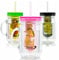 Plastic Fruit Infusion Mason Jars with Reusable Drinking Straw - 500ml Capacity - 3PC Set: Black, Green & Pink