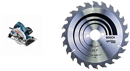 Bosch Professional Handkreissäge GKS 65 GCE (1800 Watt, Sägeblatt-Ø: 190 mm, im Karton) + Kreissägeblatt Optiline Wood (für Holz, 190 x 30 x 2,6 mm, 24 Zähne, Zubehör Kreissäge)