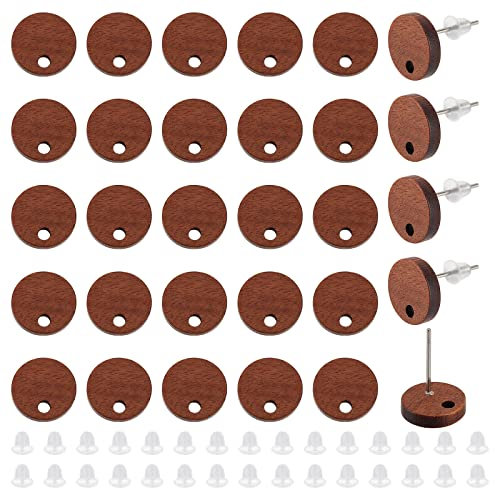 NBEADS 30 pares de aretes de madera natural, aretes de madera de madera de nogal de disco redondo de 10 mm, postes de acero inoxidable con 60 tuercas de plástico para hacer joyas