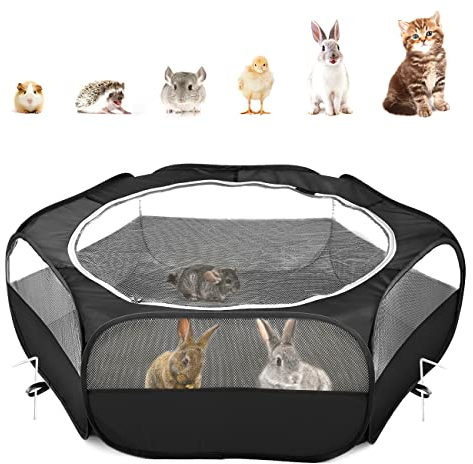 Pawaboo Kleintiere Freigehege, Wasserdicht Faltbar Kaninchen Freilaufgehege für Hasen Hühner Kätzchen Welpen Kaninchen Hamster, Visuell Laufstall mit Netz Reißverschluss und Nylonboden - Schwarz