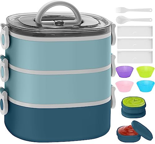 KHOXU Bento Lunch Box, Stackable 3 Layers Bento Box Adult Lunch Box, 94OZ Large Capacity Lunch Containers, Lunch Box Kids with Accessories Kit , Leak-Proof, Food-Safe Materials,Blue