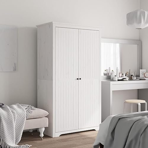 Hommdiy Kleiderschrank Garderobenschrank mit Kleiderstange Türen, Schlafzimmerschrank Schrank mit Stauraum, Holzschrank Flurschrank BODO Weiß 99x53,5x173 cm Massivholz Kiefer