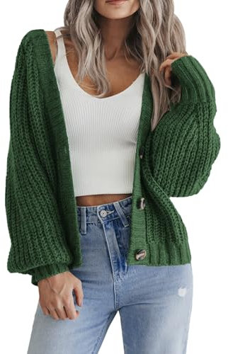 Hotouch Cardigan Femme Uni Manches Longues Veste Tricotée Col en V Cardigan Décontracté Ouvert Pull avec Bouton Automne Vert S