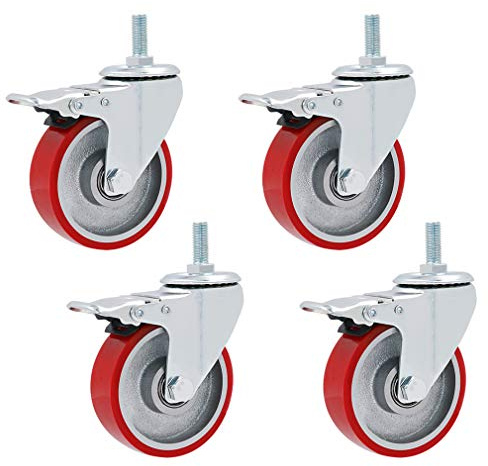 Stuhlrollen, drehbare Lenkrollen, 4 Stück Möbelrollen mit drehbarem Stiel, rotes Polyurethan-Industrierollenrad, Bolzenmontage M12 x 30 mm, robust, stumm, maximale Kapazität von 600 kg, Ersatz for Kar